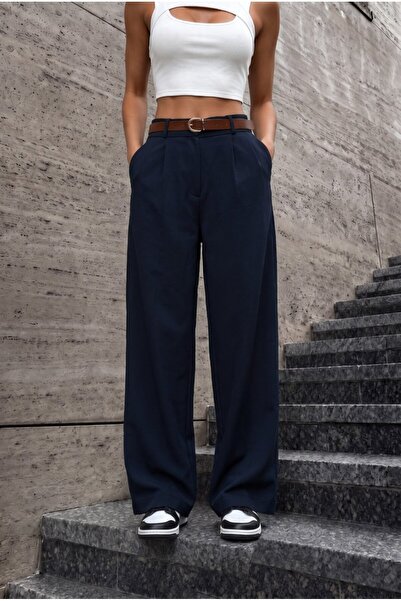 BİKELİFE Women's Belted Oversize Loose Elastic Waist Palazzo Trousers