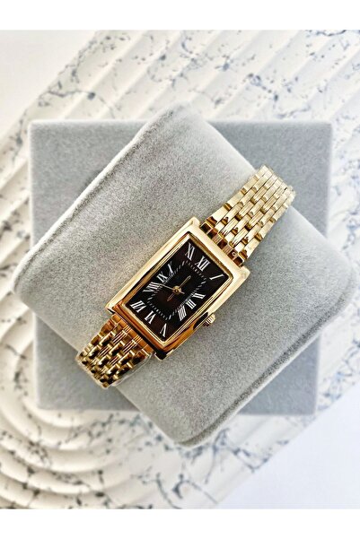 Mazzy Carten Vintage Rectangular Gold Black Dial Women's Wristwatch
