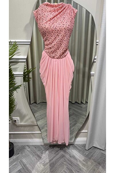 Kurtah Pink Maxi Sequin Embroidered Chiffon Skirt Evening Dress