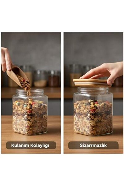 Yıldızan 200 ml Square Glass Jar with Bamboo Lid – Striped Transparent Design...
