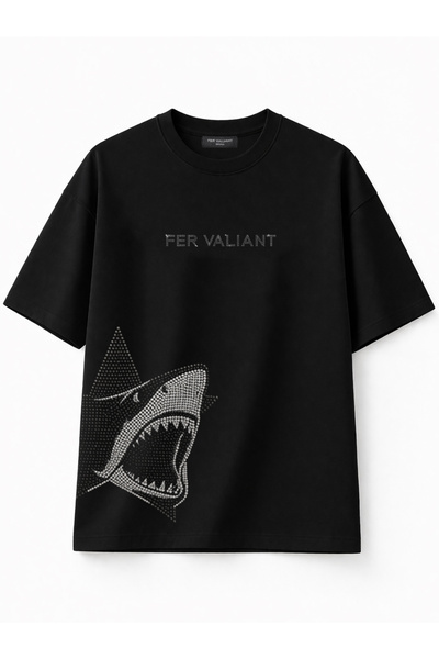 Fer Valiant تي شيرت للجنسين مطبوع عليه Star Shark Rhinestone Stone مقاس كبير ...