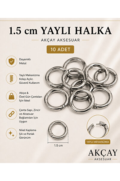 Akçay Aksesuar 10 Pieces of Metal Spring Rings - Diameter: 1.5 cm