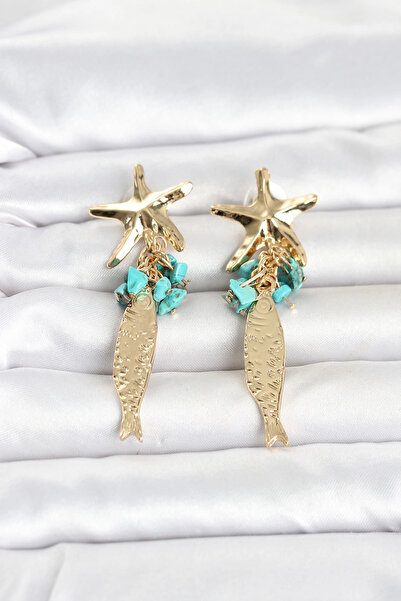 ARMÜZ Gold Color Women's Earrings with Starfish and Fish Detail and Blue Stone