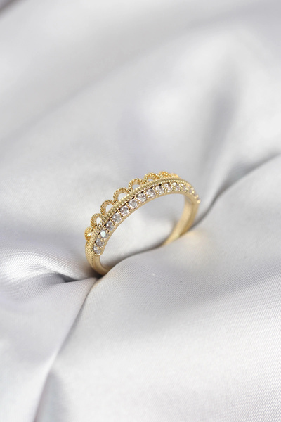 ARMÜZ Motif Patterned Gold Color Zircon Stone Women's Ring