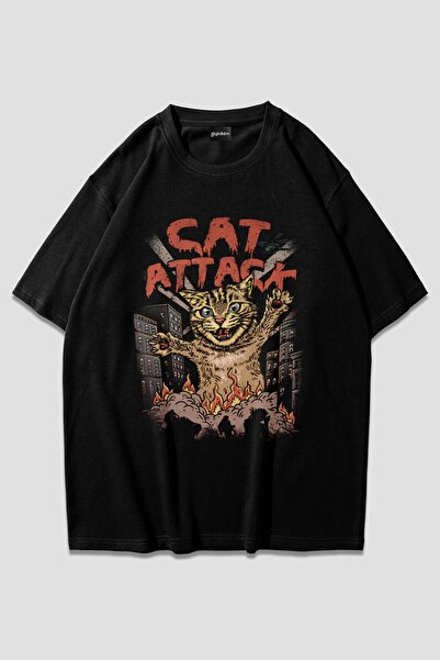 ZOKAWEAR تي شيرت أسود كبير الحجم من Cat Attack
