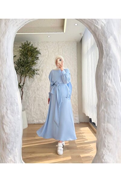 BELLASTORE Women's Baby Blue Belted Detailed Skirt Suit
