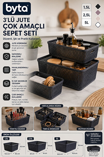 BYTA 3-Piece Jute Patterned Multi-Purpose Organizer Basket Set 1.5L + 2.5L + ...