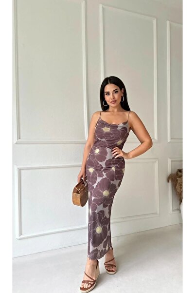 Butik Kahverengi Sarı Çiçek Desenli Degaje Yaka Asansör Askılı Astarlı Tül El...