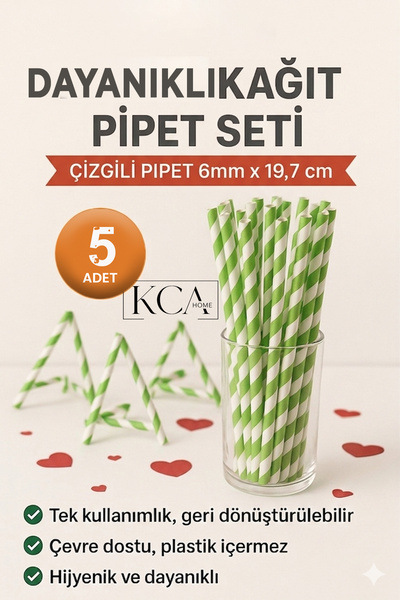 KCA HOME Dayanıklı Kağıt Pipet, Tek Kullanımlık Renkli Pipet, Desenli Kağıt P...