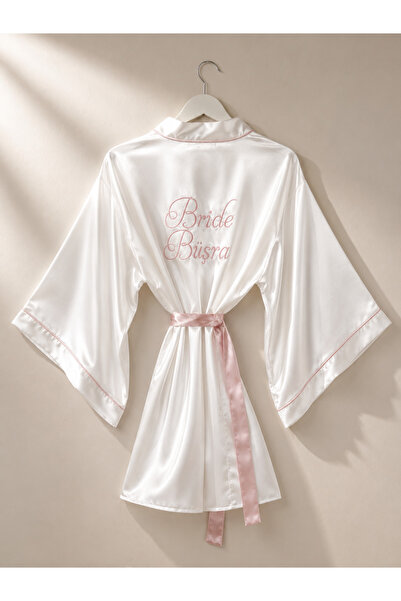 Herabridals Kimono Biyeli Bride Sabahlık İsimli Nakışlı Kişiselleştirilmiş Gelin