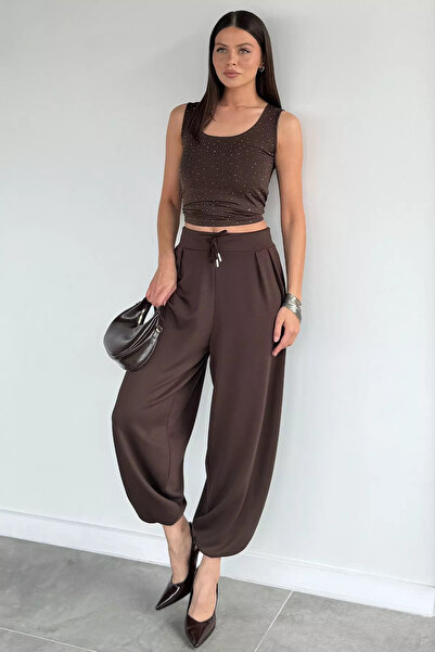 Aryena Brown Women's Elastic Waist High Waist Loose Cut Trousers