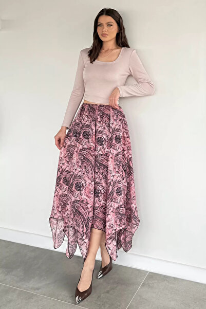 Aryena Gülkurusu Women's Asymmetrical Cut Patterned Skirt with Elastic Waist ...