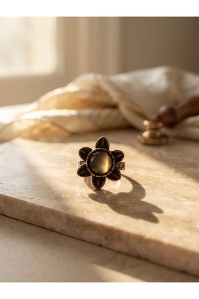 Meneva Aksesuar Brown Cat's Eye Natural Stone Authentic Flower Motif Copper B...