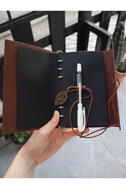 HERBALACCESSORY Beyaz Jel Kalem & Siyah Yapraklı Deri Hatıra Defteri Seti