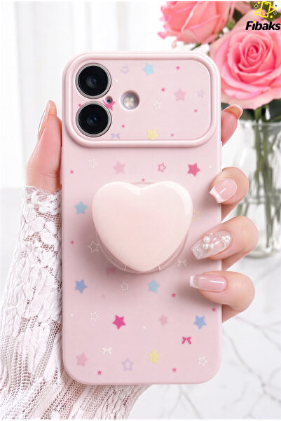 Fibaks iPhone 16 Kılıf Pembe Kalpli Pop Soketli 3D Kalp Detaylı Yıldız Desenl...