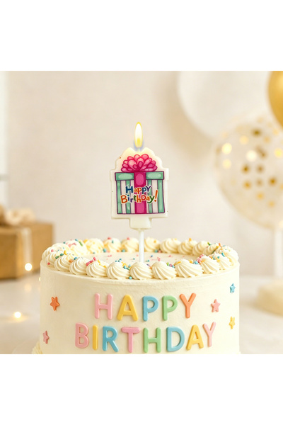 Re Cake candle in the shape of a gift box printed with "Happy Birthday", fest...