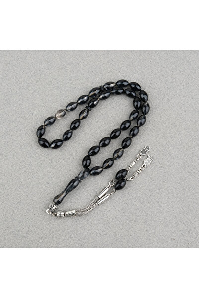 LapisDo Sıkma Kehribar Beyzi Kesim Alpaka Püsküllü 7x11mm Tesbih Siyah Gri