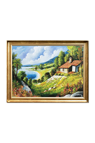 artnova Κορνιζαρισμένος πίνακας με καλοκαιρινό τοπίο με θέα στη λίμνη, ζωγραφ...