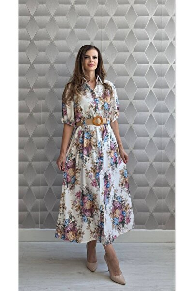 OnlyForYou Rochie Cămașă Damă cu Imprimeu Floral – Rochie Midi cu Nasturi, Cu...