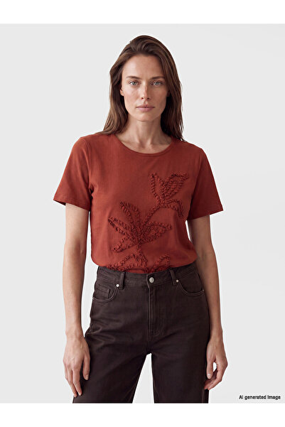 LC Waikiki Lcw Grace Orange Embroidered 100% Cotton Women's T-Shirt
