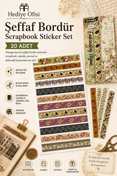 hediyeofisi Şeffaf Vintage Bordür Scrapbook Sticker Seti-EMBROİDERY STİCKER
