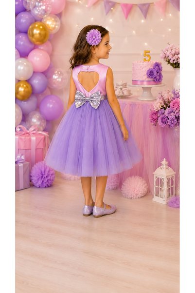 Lindissima Girl's Beaded Collar Sparkling Sequin Belted Detachable Bow Heart Back Detail Lined Evening Dress 1-5 Years Special Occasion, Birthday
