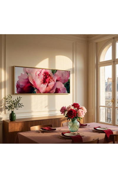 dekorodam Pembe Çiçek Temalı Ahşap Çerçeveli Panoramik Duvar Tablosu – Salon ...