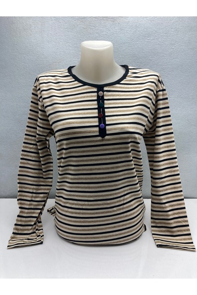 LÜKS MİRAYDA Women's Crew Neck Striped Colorful Button Detailed Long Sleeve C...