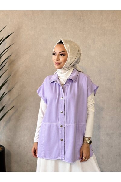 ALANURMODA 7441 سترة تينسل مخيطة من الأمام وذات جيوب باللون الأرجواني الفاتح