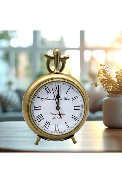 Al Athar Arts Vintage Metal Table Clock – Roman Numerals Classic Brass Decor Timepiece(H:12''W:8.5''Weight:1.400kg
