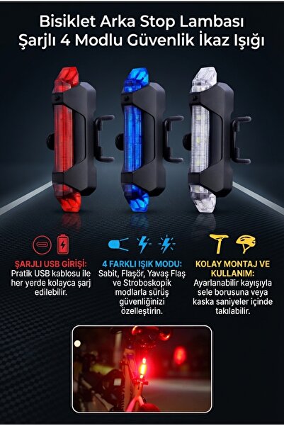ALL FAST Bisiklet Arka Stop Lambası Şarjlı 4 Modlu Güvenlik İkaz Işığı