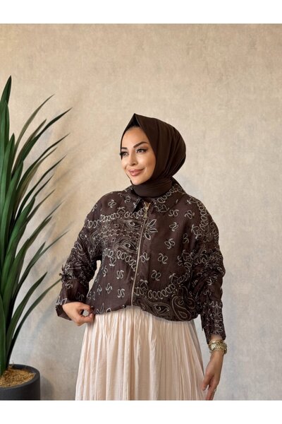 ALANURMODA 24412 قميص شيفون منقوش. قبعة قصيرة باللون البني