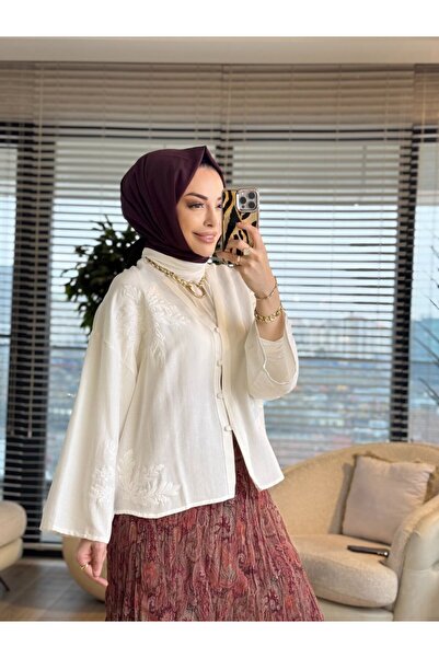 ALANURMODA 2813 Embroidery Detailed V-Neck Kimono Ecru