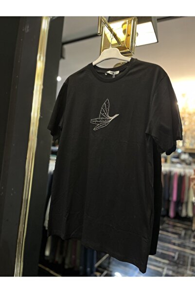 ALANURMODA 2059 Front Bird Embroidered Short Sleeve Blouse Black