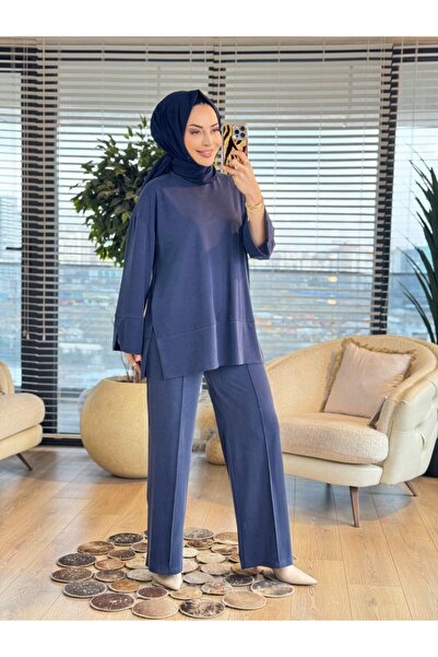 ALANURMODA 14457 Skirt with Slit at the Hem, Navy Blue