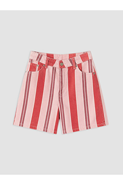 LC Waikiki Red High Waist Striped Women's Jean Shorts