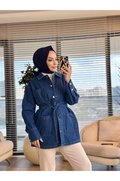 ALANURMODA 7448 Denim Jacket with Three Pockets on the Front, Navy Blue