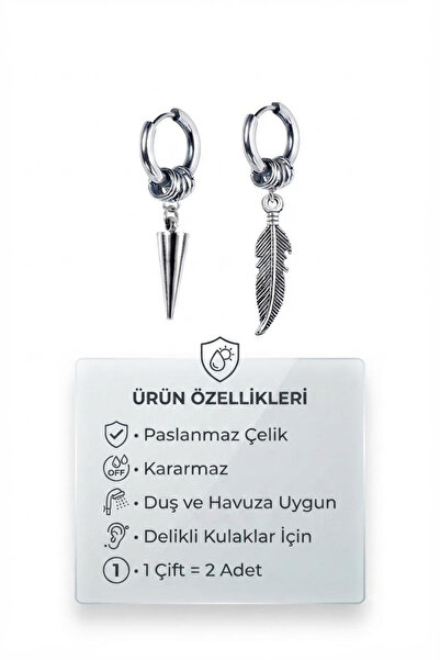 Blisse Piercing Unisex Gümüş Renk Çelik Halka Küpe Tüy Ve Sarkaç Figürlü Küpe