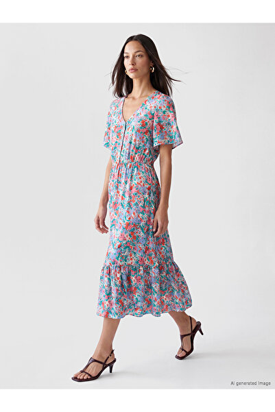 LC Waikiki Lcw Everyday Mixed V-Neck Floral Waist-Slit Dress