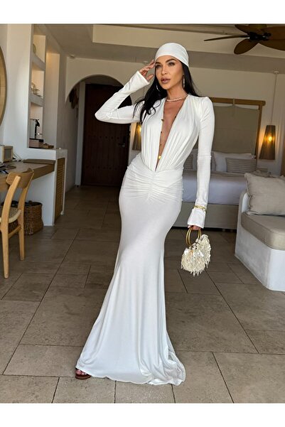 CC STORE Rochie NOIRA, alb-off white, maxi, cu decolteu adânc și croială mulată