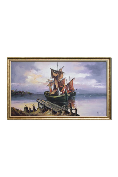 artnova Πίνακας για το σαλόνι, ηλιοβασίλεμα με ιστιοφόρα, ζωγραφισμένος στο χ...