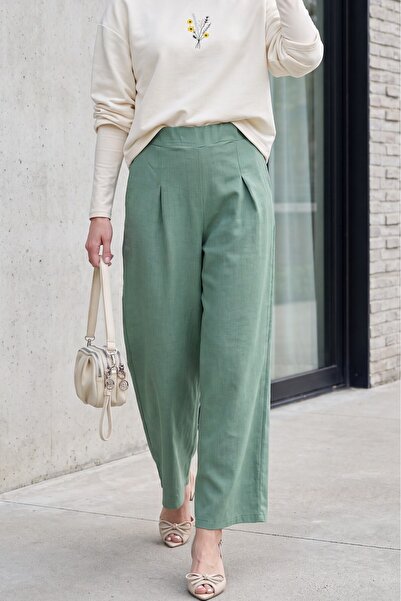 HİJABAYA Elastic Waist Wide Leg Pleated Linen Look Trousers -Mint