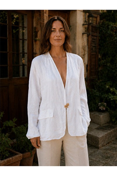 Miss Boheme White Color Linen Jacket with Brooch Detail