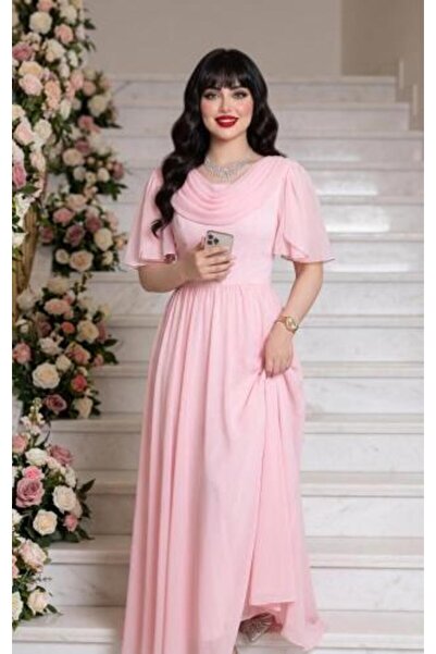 vela Soft Pink Chiffon Ruffled Collar Cloche Sleeve Occasion Dress
