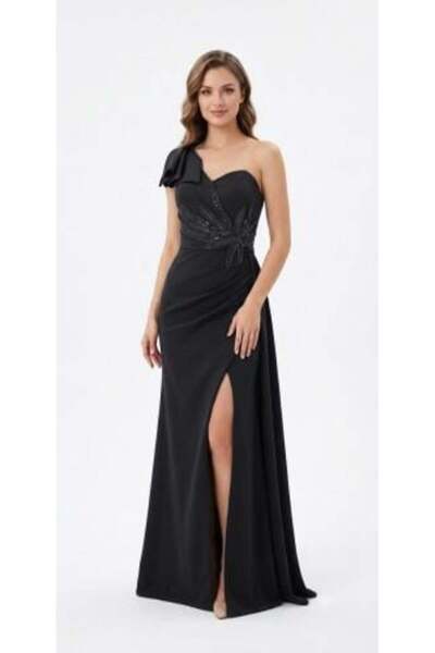 unbranded Women's One-Shoulder Black Evening Gown with Elegant Embellished Wa...