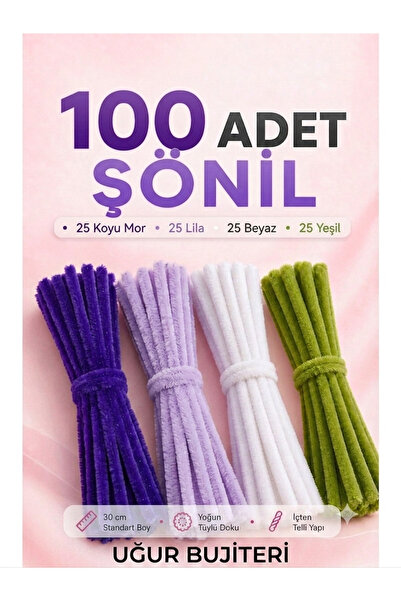 uğur bujiteri Mor Renkli Şönil Seti 100 Adet – Açık Mor, beyaz, Koyu Mor ve Y...