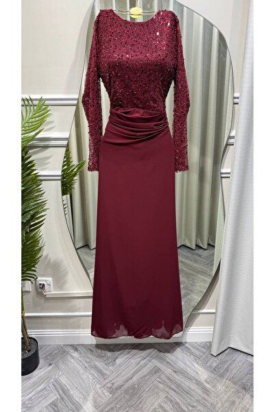 Jood Long Evening Gown with Beaded Top and Draped Chiffon Skirt