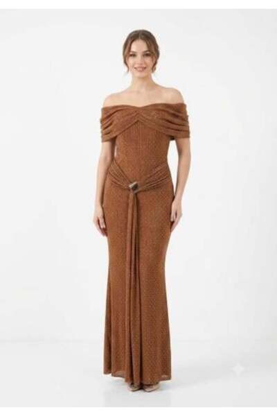 unbranded Women's Bronze Glitter Off Shoulder Mermaid Maxi Evening Dress with...
