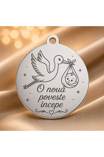 Simoshop Bănuț Argint 925 cu Barză și Bebeluș pentru Botez 22mm