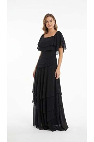 unbranded Women's Black Chiffon Layered Maxi Evening Dress with Cape Sleeves ...